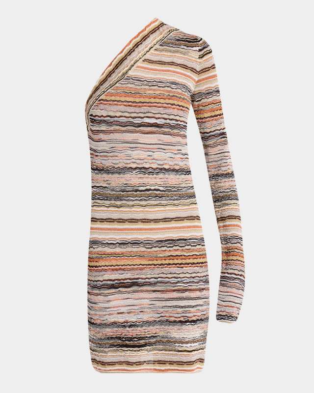 Metallic Striped One-Shoulder Long-Sleeve Mini Dress